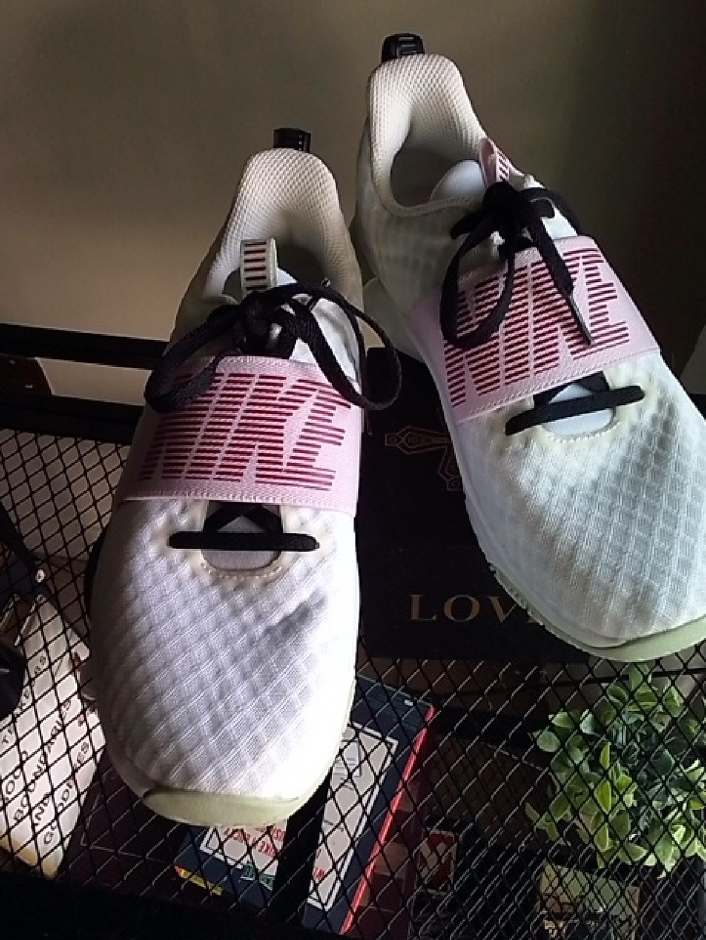 Nike White Sneakers with Pink Logo Strap and Black Laces